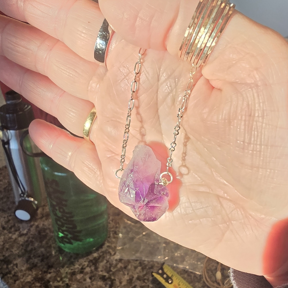 Raw Amethyst crystal sterling silver necklace